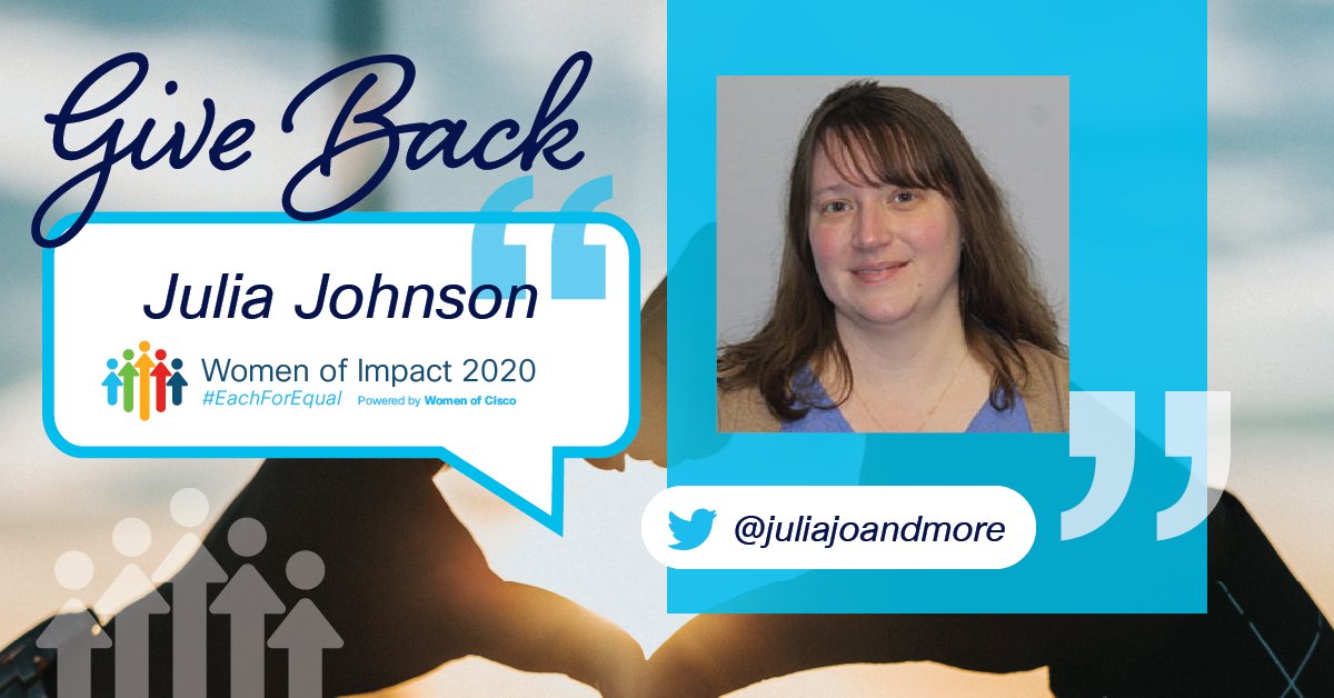 My best way to give back is to help someone out. Open a door for someone who is on the outside. Give someone a leg up. Let them know I've been there too. Julia Johnson <a href="/JuliaJoAndMore/">Julia Johnson</a> Manager Technical Documentation. #WomenOfCisco #CiscoWOI #EachForEqual