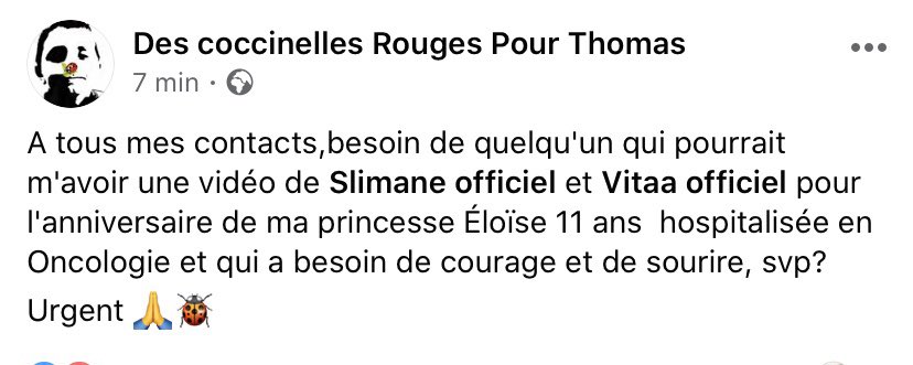 M_Trade13's tweet photo. #SOLIDARITÉ
Faites tourner ce message de la part de Héloïse 11 ans, hospitalisée en oncologie dont le rêve serait d’avoir une petite vidéo d’anniversaire de la part de @Slimaneoff et @VITAA !
Si ce message arrive jusqu’à vous, merci de contacter 0626095068.
#ReveHeloise https://t.co/x9W91n3dC8