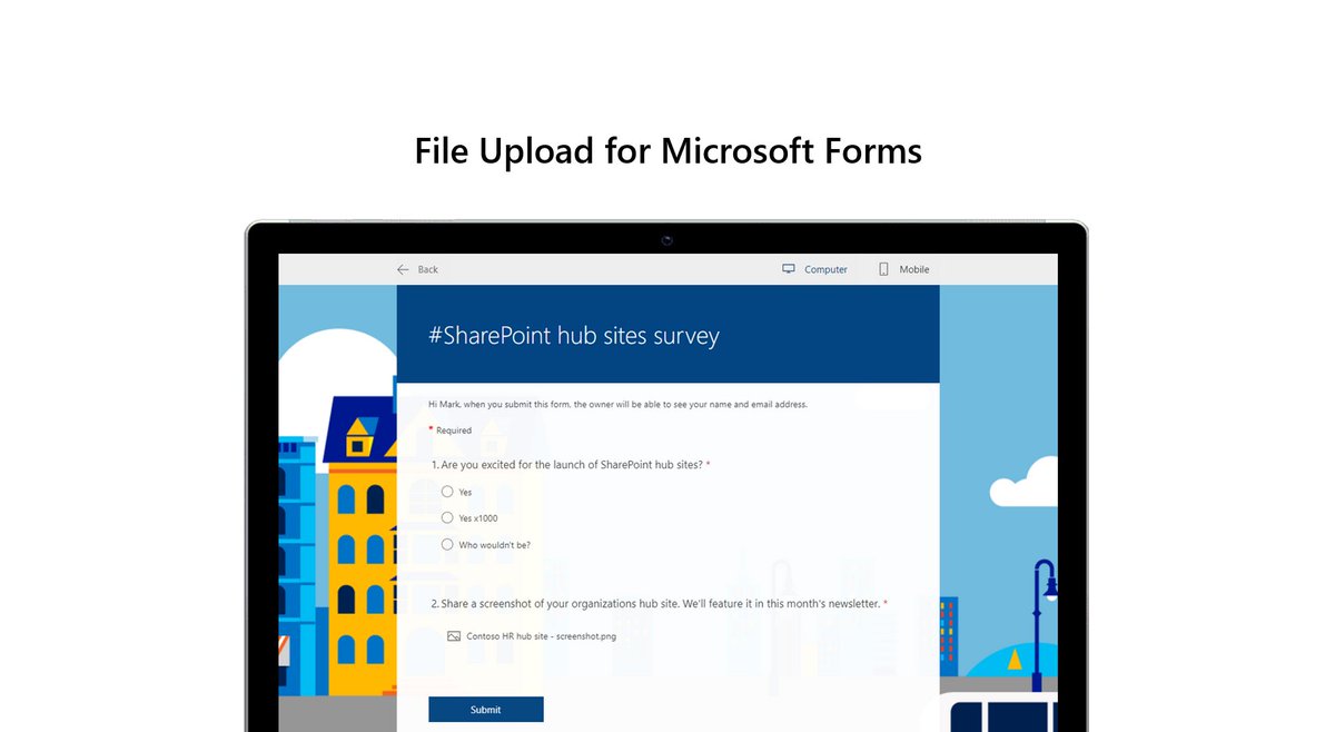 A new question type for #MicrosoftForms gives the ability for people to send content as a part of their submission. Files can be accessed in either #SharePoint or #OneDrive in #Microsoft365, depending on the form type. msft.it/6014TjmEA