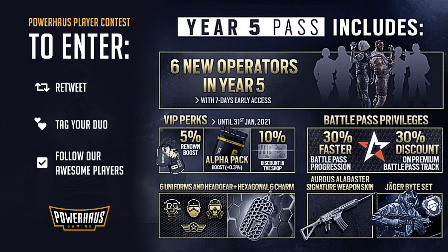 powerhausgg's tweet photo. Contest time! Lets start Void Edge in good spirits with a free R6 Y5 pass. To enter:
🔁Retweet this tweet
💕Tag your duo
☑️Follow: @resolution_r6, @Seal_R6s, @KiraR6s, @ProlixR6, &amp; @BlueSquirrelR6.

Watch them play in the @ESA_SiegeNA #SiegeInviteSeries playoffs, starting Mar 20. https://t.co/V50Om1ClWk