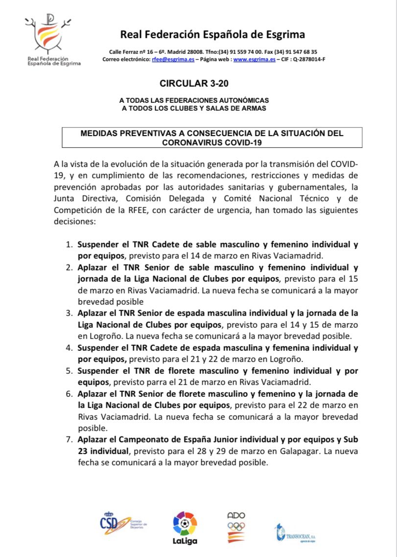 rfeesgrima's tweet photo. 📣 COMUNICADO OFICIAL DE LA FEDERACIÓN CON RESPECTO AL CORONAVIRUS

#coronavirus #COVID19 #deporte #esgrima https://t.co/uyd56I3Okf