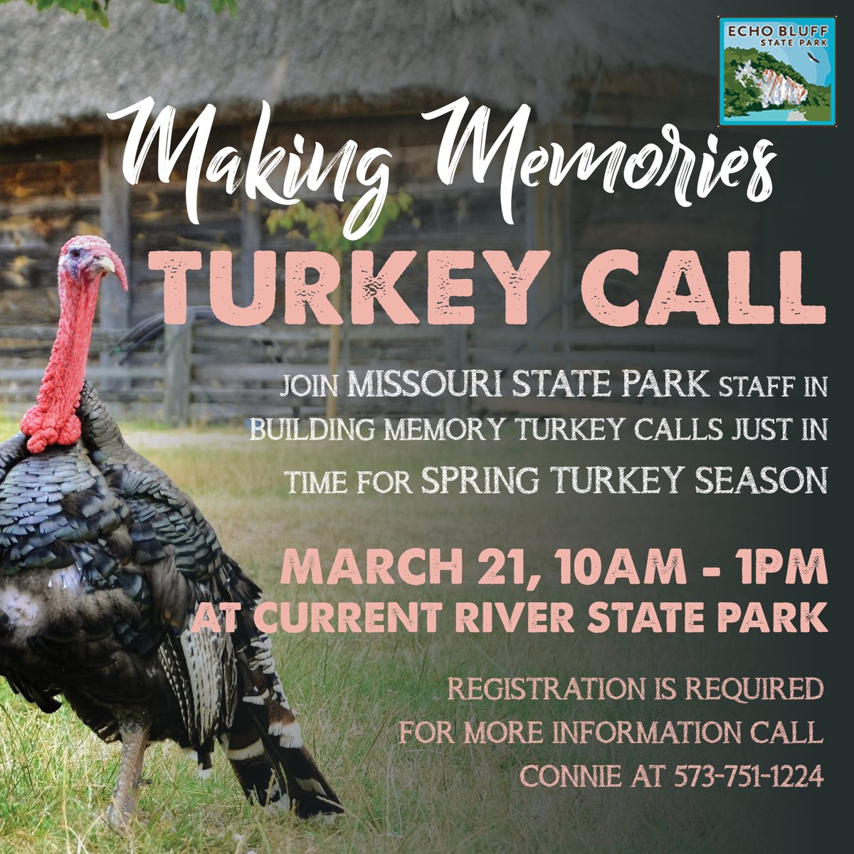 Join #MissouriStatePark staff building memory turkey calls just in time for turkey season at Current River State Park. All you need to bring is a picture - everything else is provided! Class limited & registration required. For more info, call 573-751-1224 facebook.com/events/2891737…
