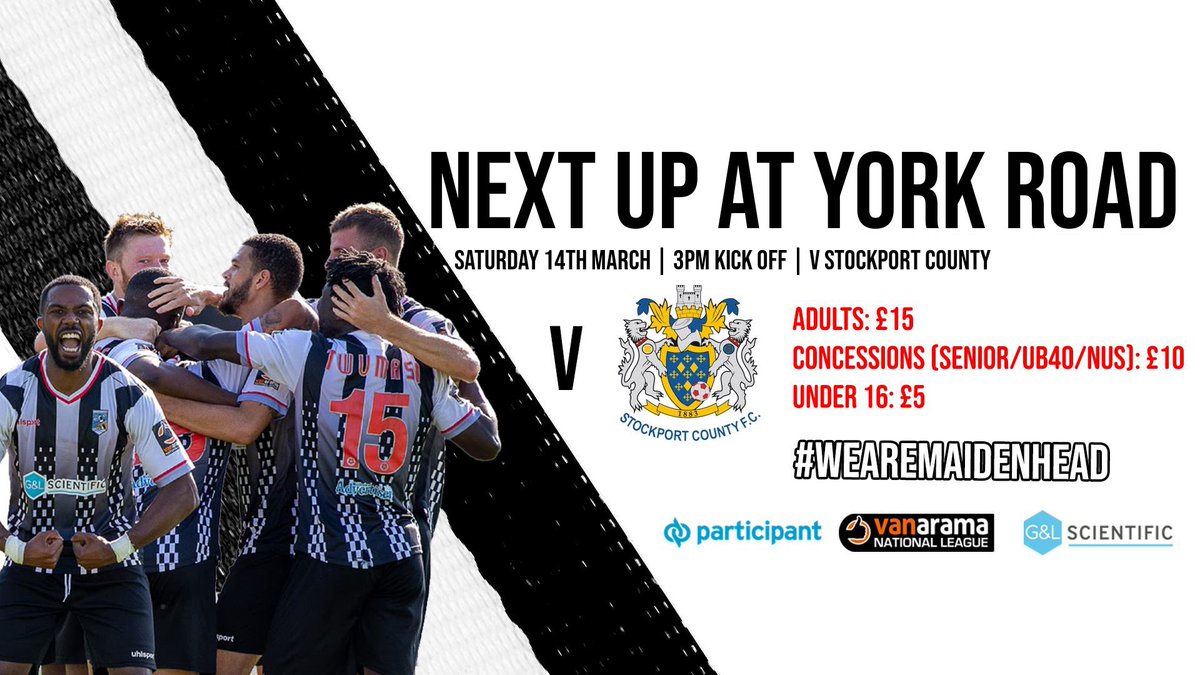 MUFCYorkRoad's tweet photo. NEXT UP ⚽️| Back at York Road for a vital game against @StockportCounty. RT if you’re coming to show your support. 
⚫️⚪️ #WeAreMaidenhead https://t.co/jDzbia1E51