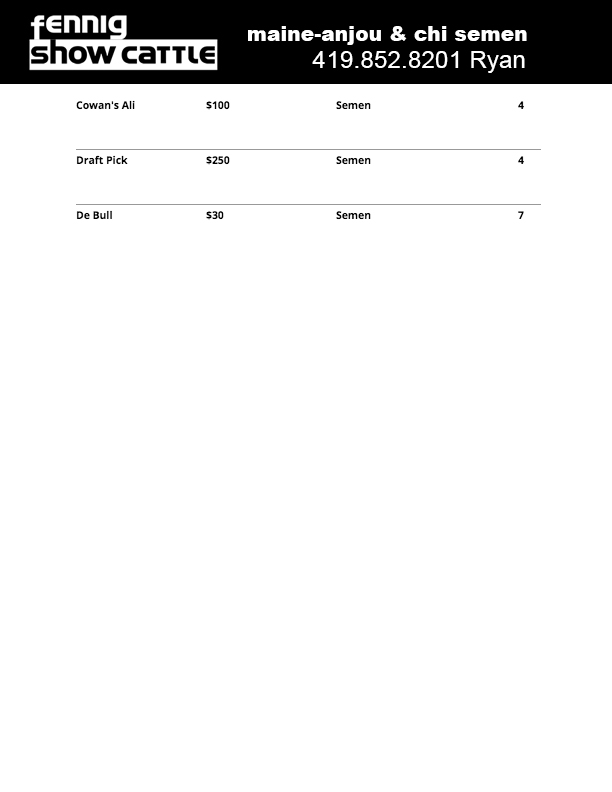 FennigCattle's tweet photo. MAINE-ANJOU &amp; CHI SEMEN FOR SALE - Please contact Ryan Fennig at 419.852.8201 for purchase. We will also be at the Ohio Beef Expo March 20-22, if you would like to pickup your purchase. Please see attached files for quantities and prices. https://t.co/a5vbegnGXO