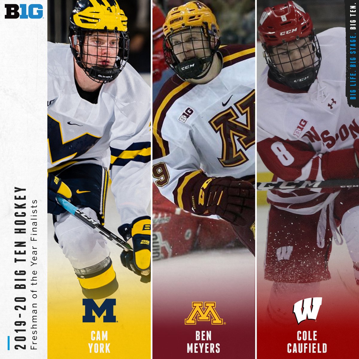 B1GHockey's tweet photo. Cam York, Ben Meyers and Cole Caufield named finalists for 2019-20 #B1GHockey Freshman of the Year. https://t.co/Cn85i1m3Fx