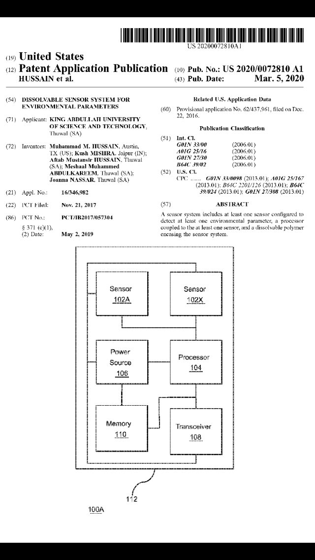 kushmishra's tweet photo. My USPTO patent for dissolvable sensors system for environmental parameters with a method to collect data using drones is officially published now.  Many thanks @KAUSTinnovation and all colleagues who contributed and supported.
#iot #sensors #lorawan #patent https://t.co/BX5afAtX6M