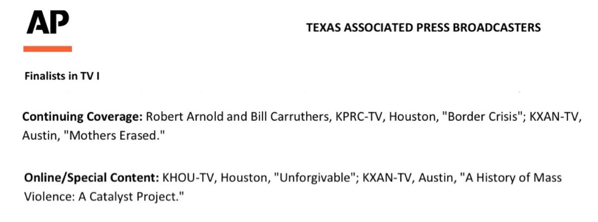 hinklej's tweet photo. Proud of our @KXAN_News investigators for being named #TAPB Award finalists for two of our biggest projects last year! If you missed them, here are the links:
-Mothers Erased: https://t.co/xvKXCwvLrZ
-A History of Mass Violence: https://t.co/BwLY7F7Jfv https://t.co/fqTBTw9lx8