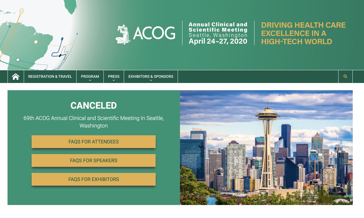 MelissaWongMD's tweet photo. Official: @acog has canceled the annual meeting #ACM20. Right thing to do to #FlattenTheCurve #COVID19. FYI to other @MySMFM folks who'd planned to present. https://t.co/zOLEnUJ8zE