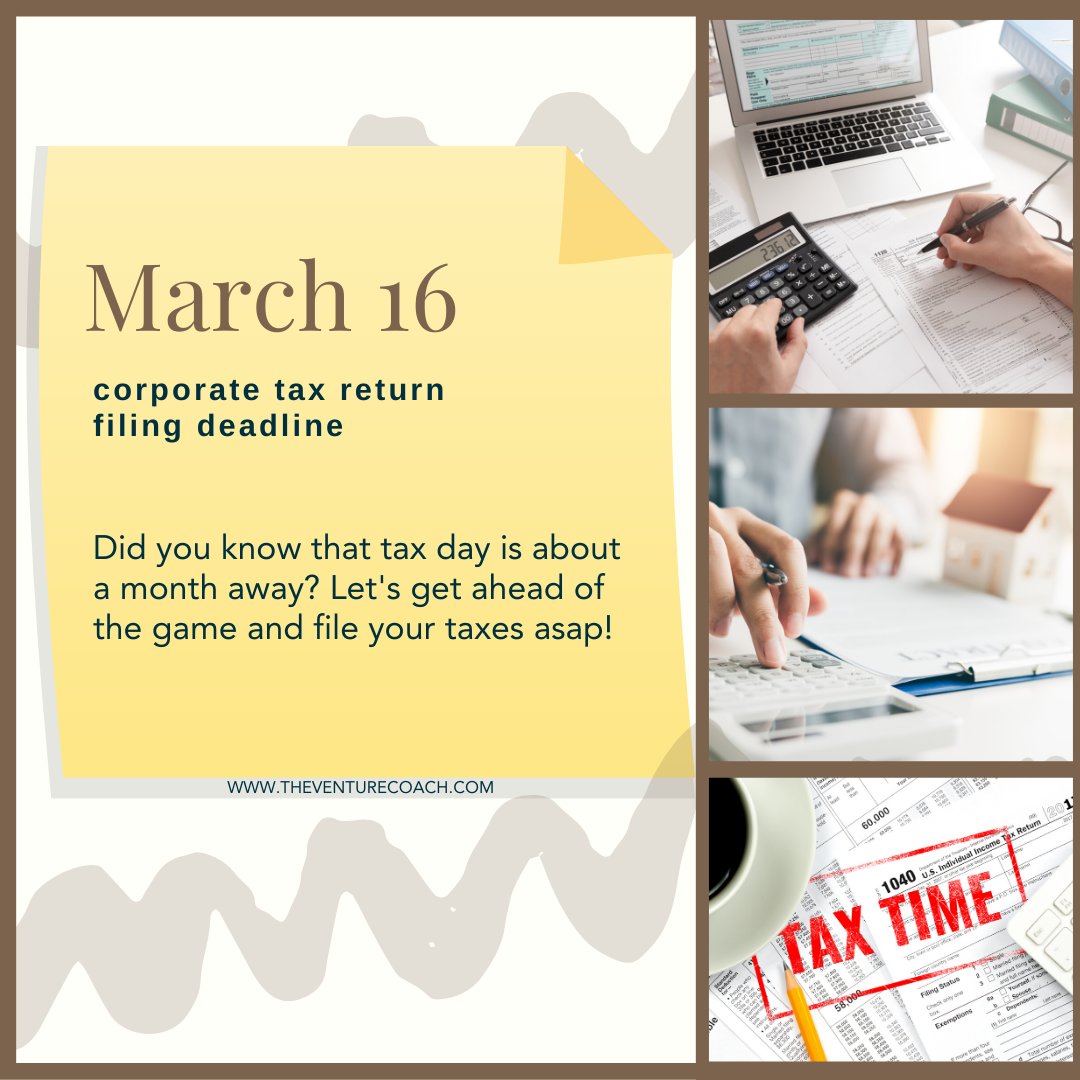 robbinmccullen's tweet photo. March 16 is just around the corner and your corporate tax returns are due to be filed!

Also, personal taxes are about 30 days away from being due. Let’s get ahead of the game and file your taxes asap!!

#accounting #entrepreneurship #corporatetaxreturn #venturecoaching https://t.co/kDrSBbmNuK