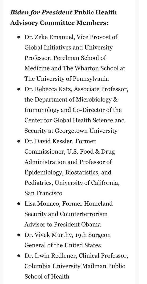 jeneps's tweet image. NEW: Biden campaign rolls out a Public Health Advisory Committee “to provide science-based, expert advice regarding steps the campaign should take to minimize health risks for the candidate, staff, and supporters.”  Here are its members: