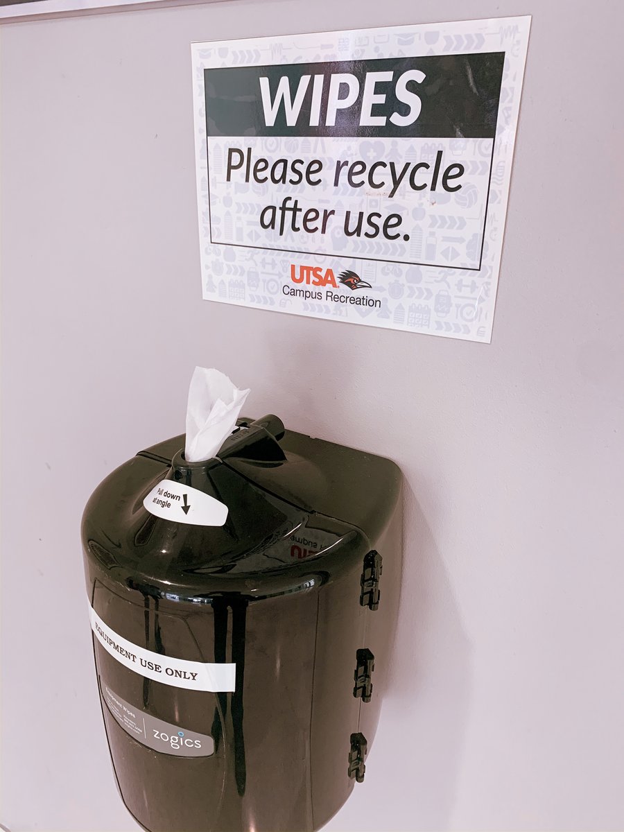 UTSARec's tweet image. Please stay safe by ensuring you wipe down your equipment BEFORE and AFTER using it! We have recyclable cleaning wipes located throughout our facility! We also have hand sanitizer stations available for use. Together we can help keep our campus safe and healthy! #utsarec #UTSA