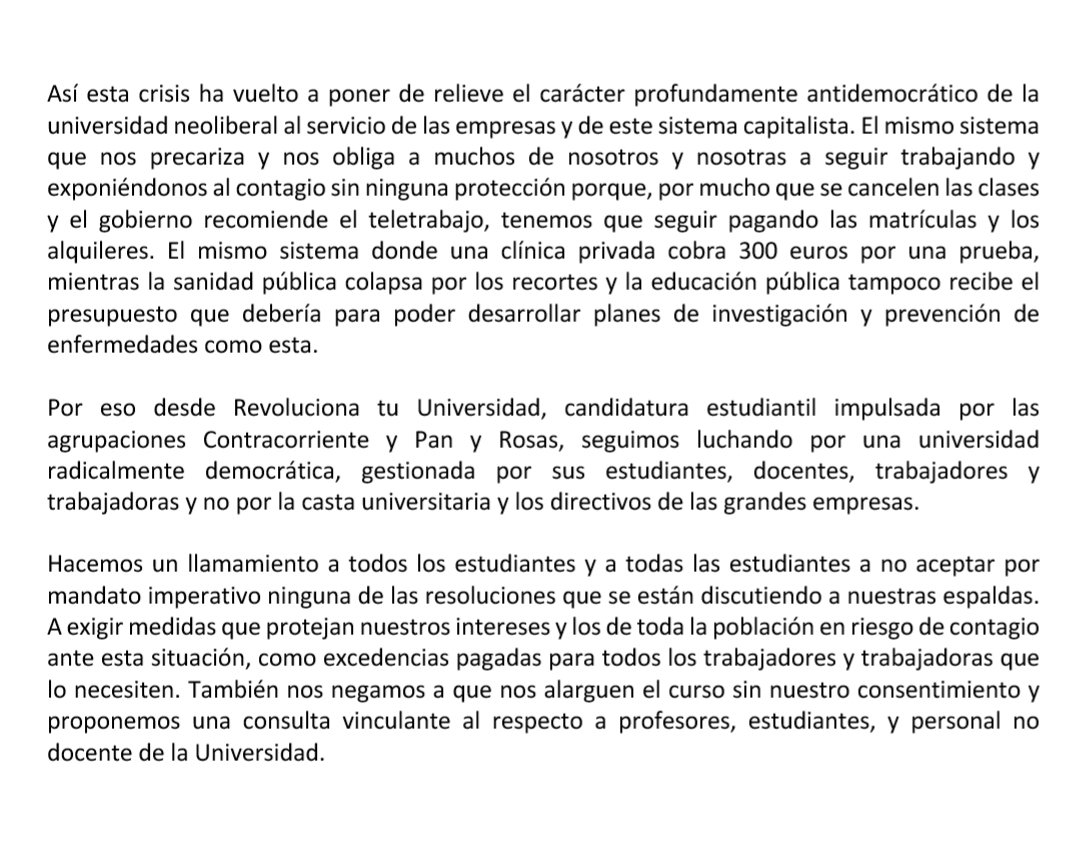 RevolucionaUAM's tweet photo. ⭕Nuestra declaración por la gestión en la UAM de la crisis del coronavirus. 
🔴Llamamos a no aceptar por mandato imperativo las resoluciones que se discuten a nuestras espaldas y proponemos una consulta vinculante a profesores, estudiantes y trabajadores de la UAM. https://t.co/A01fHgjIVC