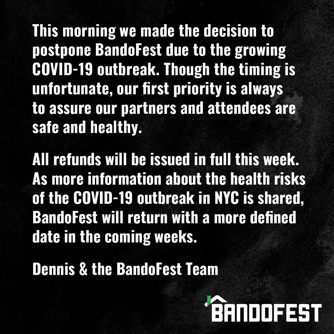 Though it’s untimely, safety of our community is priority. As more information about the health risks of the COVID-19 outbreak in NYC is shared, BandoFest will return with a more defined date in the coming weeks. 🏚 - The BandoFest Team
