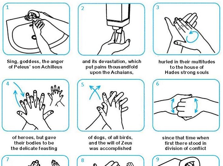 n9bauer's tweet photo. A handy Corona virus tip: try reciting Homer’s Iliad while you wash your hands. #coronavirus #COVID19 #iliad #handwashing  [1/1282] https://t.co/KGQTfrl1az