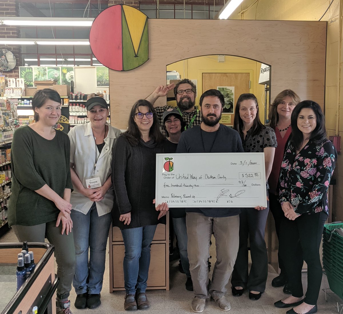 UWChathamCounty's tweet photo. Thank you @chathammarket for selecting United Way as the recipient of the February Round-Up Campaign! Shoppers raised $522 in support of human service programs that improve the education, financial stability and health of Chatham County residents. https://t.co/1UrYAg3BoN