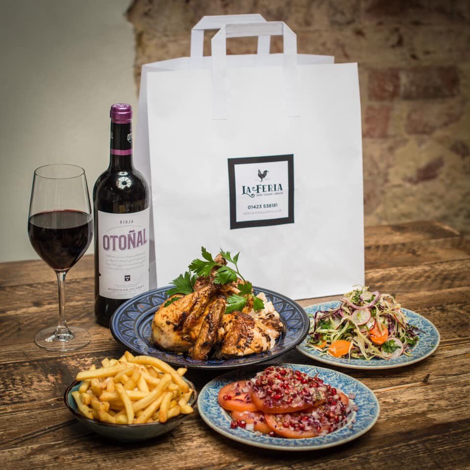 Our Takeaway Special offer is just £25.00 for a whole chicken and choice of 3 sides. You can also add your favourite tapas from our a la carte menu to create a real La Feria feast! Check out our menus on our website and give us a call to order on 01423 538181.