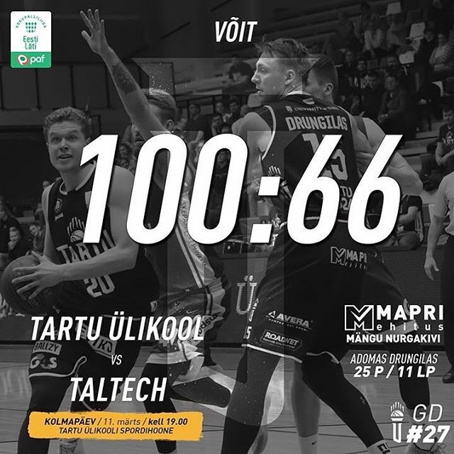 Teist mängu järjest hoidsime vastase 66 punkti peal ja võtsime kindla võidu - täna @taltechbasketball üle seisuga 100:66. #MapriNurgakivi väärilise esituse tegi Adomas Drungilas 18 punkti ja seitsme lauapalliga.

Mängu statistika - … ift.tt/3cMrqnP