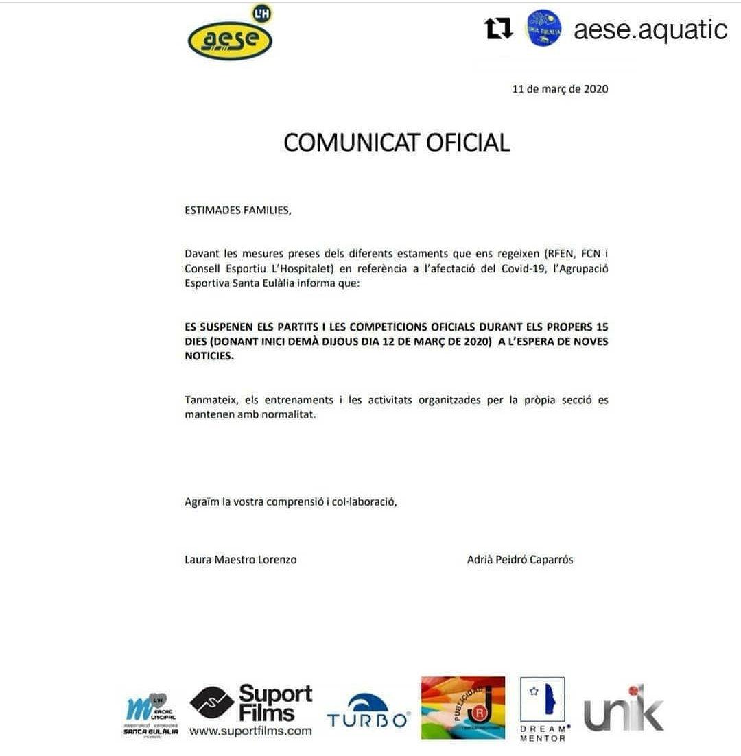 IMPORTANT!!!📢
Partits i competicions anul·lades els propers 15 dies!!🚫