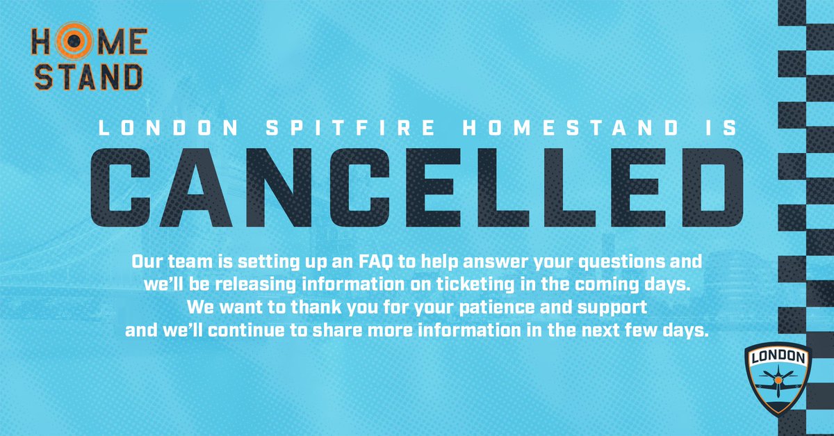 Spitfire's tweet photo. We are deeply saddened to announce the cancellation of our March Homestand matches at the SSE Arena Wembley, London due to the developing COVID-19 situation. The safety of our players, staff, and all of our fans comes first. https://t.co/jRld2AXhNP