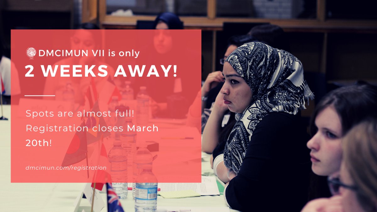 DMCI_MUN's tweet photo. DMCIMUN's annual conference is only 2 weeks away! Our team has been working hard to provide a day of engaging debate and discussion. Spots are almost full! Be sure to register by March 20th.

Stay tuned for more announcements, including our keynote speaker! https://t.co/FdwRBnwCbp