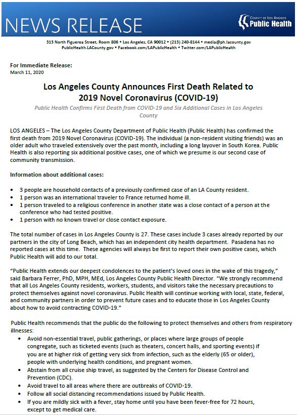 lapublichealth's tweet image. #PressRelease - Public Health Confirms First Death from #COVID19 and Six Additional Cases in Los Angeles County.
Public Health extends our deepest condolences to the patient’s loved ones in the wake of this tragedy. View bit.ly/2IGy5C5 for more.