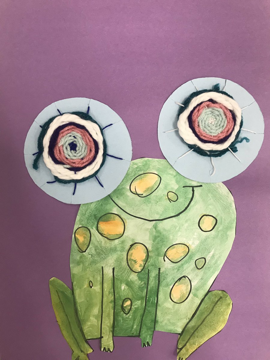 EmilyClonts's tweet photo. Third grade turned their fiber weavings into silly frog eyes!  #artrocks #telegraphisawesome https://t.co/cOT3kWY3xt