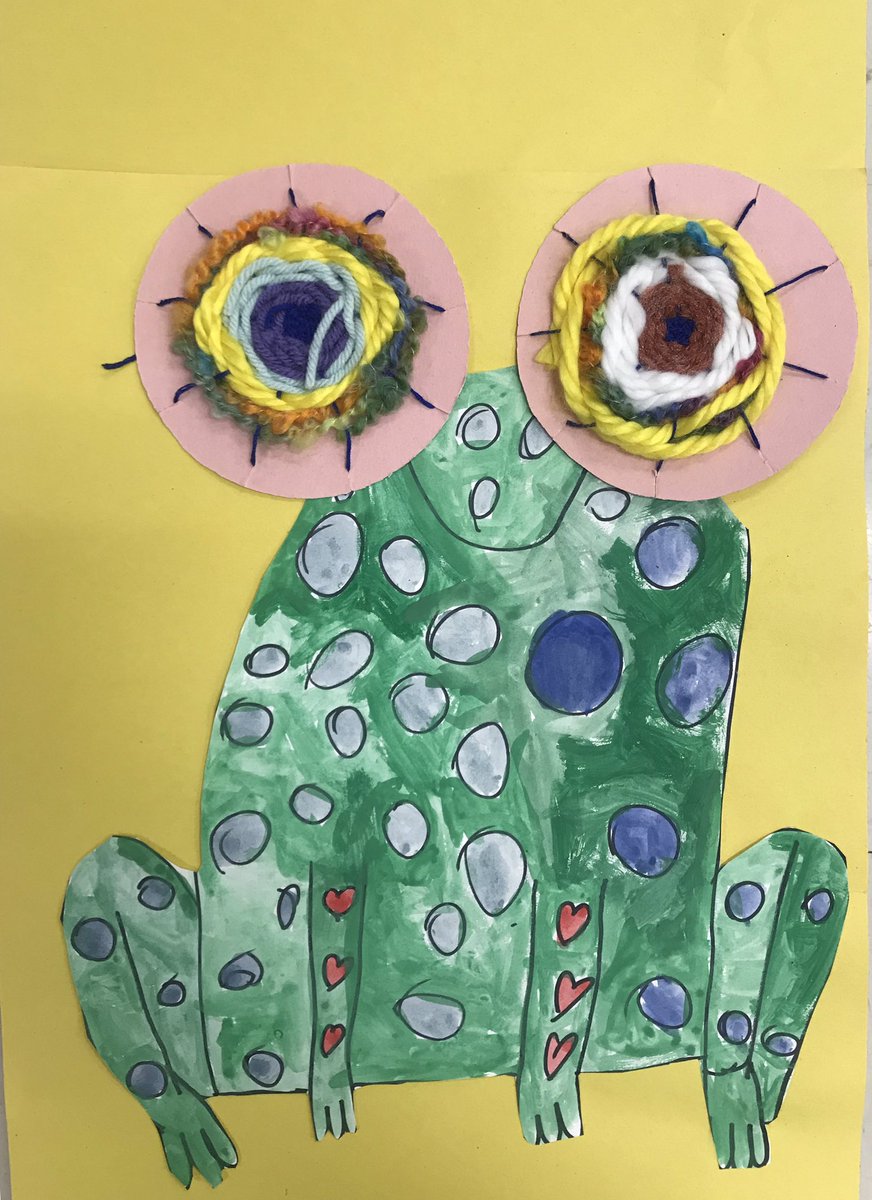 EmilyClonts's tweet photo. Third grade turned their fiber weavings into silly frog eyes!  #artrocks #telegraphisawesome https://t.co/cOT3kWY3xt