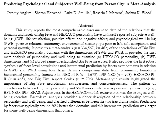 HarvardCenterHH's tweet image. A recent meta-analysis by Drs. @JeromyAnglim, @Sharon_Horwood, @drsmillie et al., examining #personality and well-being, highlights higher #extraversion and #conscientiousness, as well as lower #neuroticism as strong correlates. ow.ly/2dBc50yGCZe