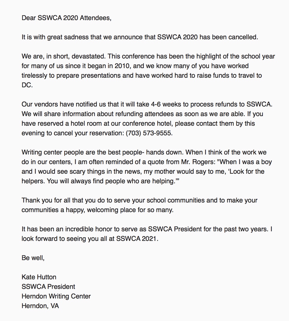 It is with great sadness that we announce that SSWCA 2020 has been cancelled. We are, in short, devastated. This conference has been the highlight of the year for many of us since2010, and we know many of you have worked tirelessly to prepare. We will see you at SSWCA 2021.