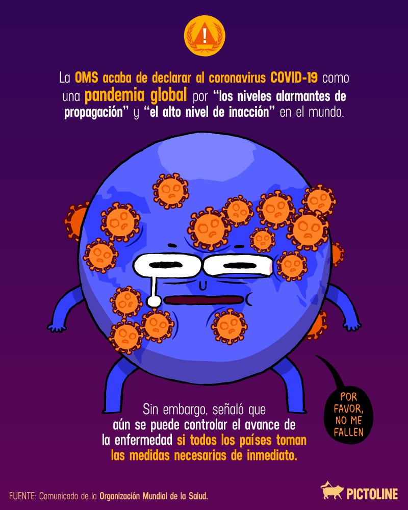 pictoline's tweet photo. ACTUALIZACIÓN⚠️

La OMS declara al #COVID19 una #pandemia global https://t.co/jW5Ck23lHW