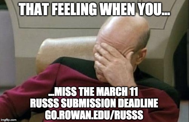 RowanScholars's tweet photo. 👩‍🔬🦠🌲🎭🦕🪐⚙️🎼🔬📷⚗️📖🩰📊🎨⚛️🌎
Don't let this be you!  Get you abstract submitted to @RowanUniversity Student Scholars Symposium tonight by 11:59pm!
https://t.co/RinBYmxyoD
#russs2020 https://t.co/DuFTuWHB1N