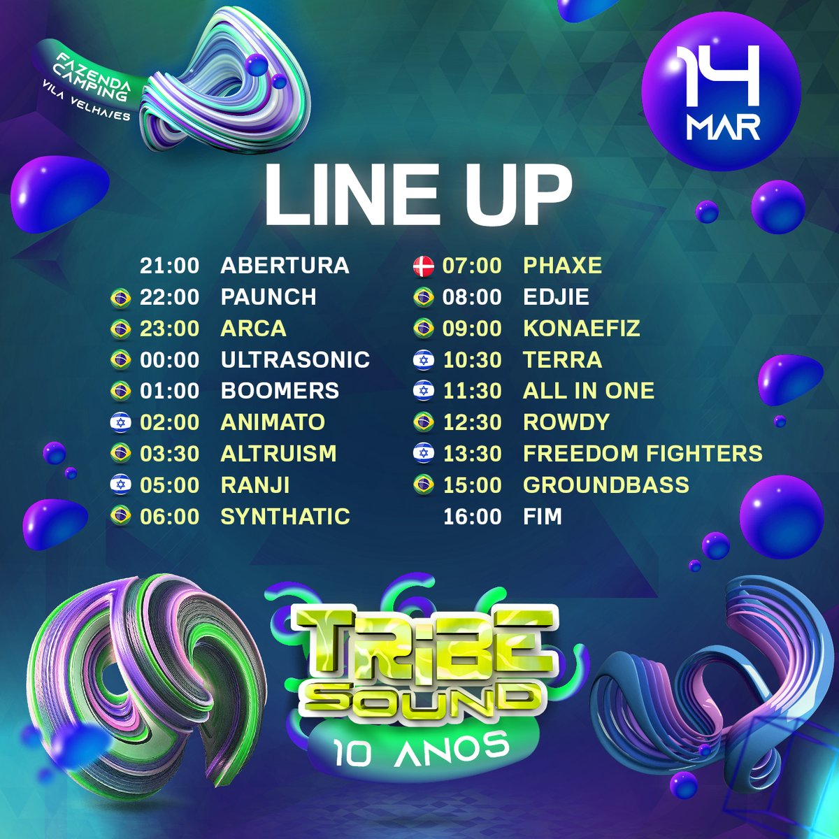 💣 Line Up Oficial | Tribe Sound 10 Anos!

Preparem-se para a edição mais épica do núcleo Tribe Sound, energia do início ao fim em uma timeline histórica!
⠀
#TimeLine #LineUp #Tribe10Anos #FazendaCamping #TribeSound #Classificação18anos