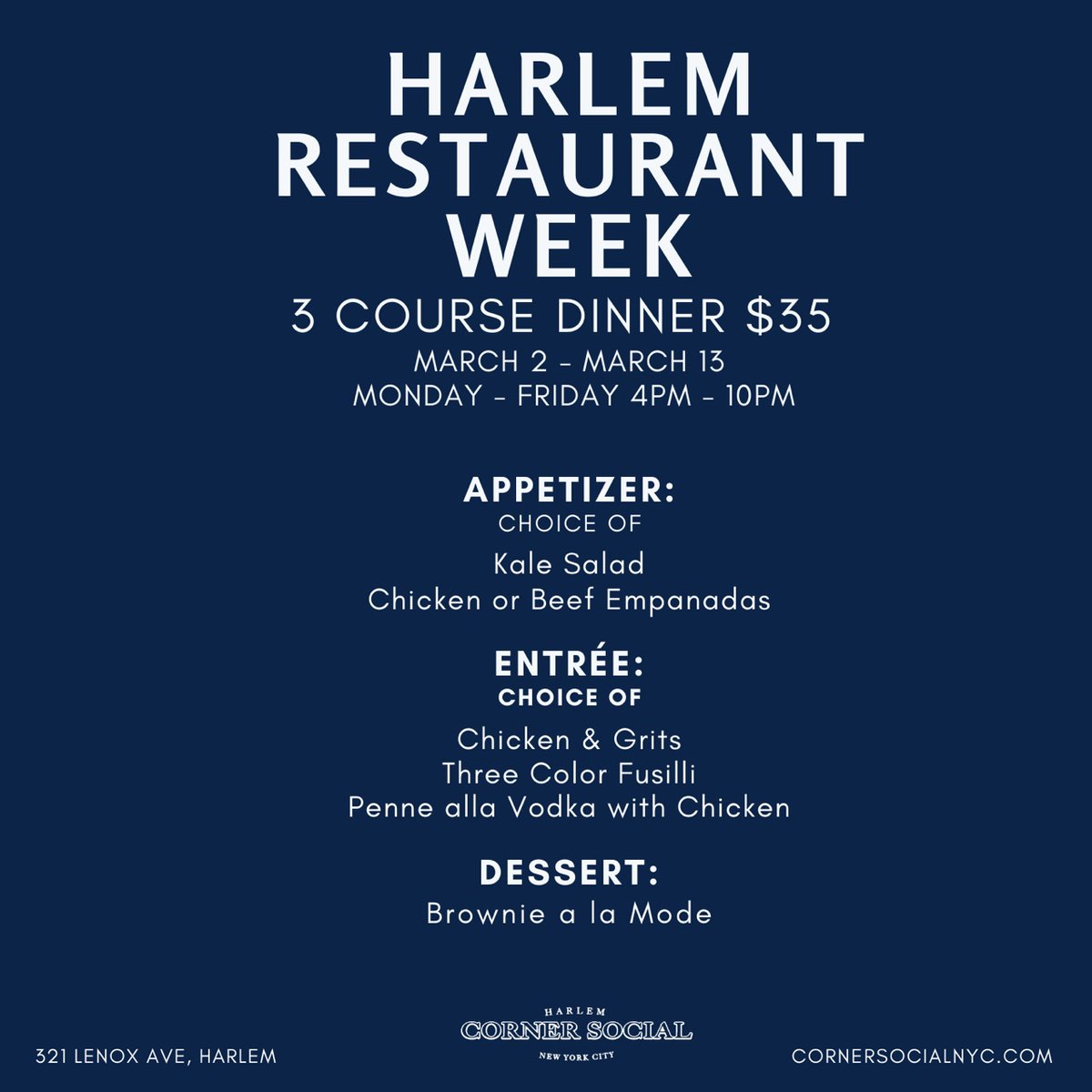 CornerSocialNY's tweet photo. 3 Course Prix Fixe Dinner starting at 4pm!!#cornersocial #harlem #harlemrestaruantweek #uptown #harlemlunch #harlemdinner #nyc https://t.co/nFfUFe0nDy