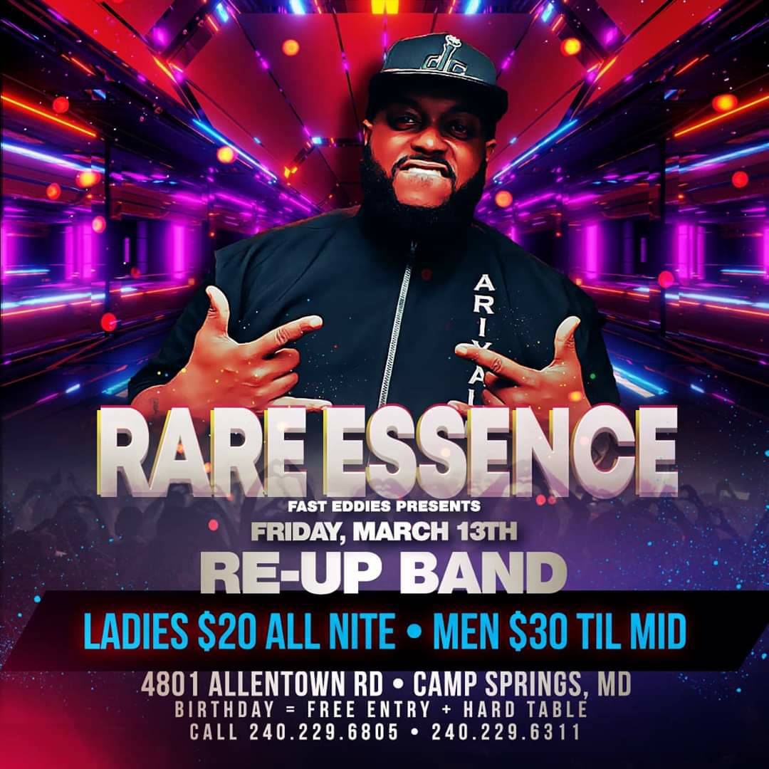 100proofentdc's tweet photo. *** THIS FRIDAY *** 10pm-3am *** 

Fast Eddies presents
RARE ESSENCE
RE-UP BAND

Ladies $20 all night
Men $30 until 12am

For FREE Birthday Tables call 240-229-6311 https://t.co/awCCgU9DOR
