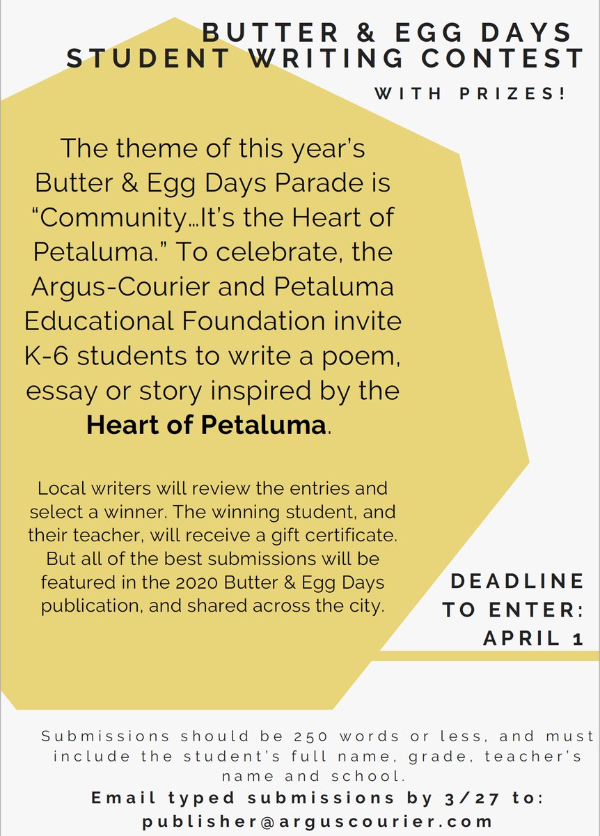 PEFproud's tweet photo. Attention Local K-6th Students! Enter your essay, poem or short story with the theme: HEART OF PETALUMA before the 4/1/2020 deadline. Submit to publisher@arguscourier.com. Prizes for top entries AND their school!  #PEFproud #petaluma @PetalumaArgus https://t.co/oW2mSJkjmR