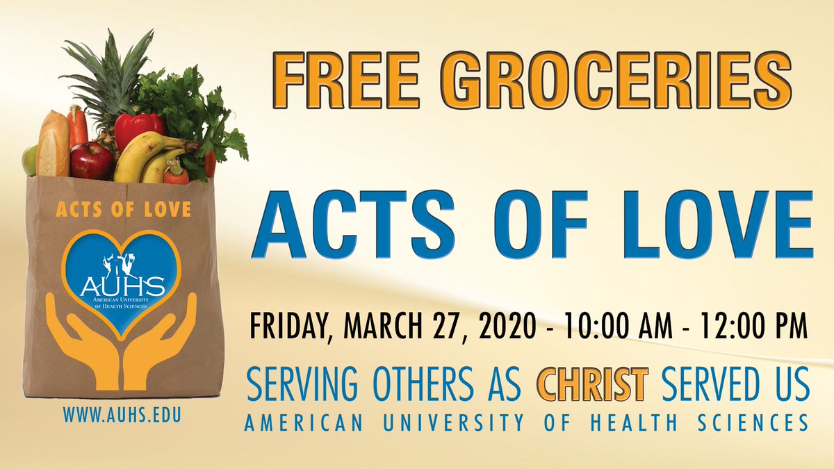 AUHSedu's tweet photo. ♥️"Acts of Love" aims to provide free groceries to the surrounding community members who need assistance.
#auhs #auhsfoundation #auhsactsoflove #actsoflove #freegiving #helppeople #helpcommunity #homeless #nursingschool #pharmacyschool
👉Time: March 27, 2020 (Friday) https://t.co/sSLKPEAn0s