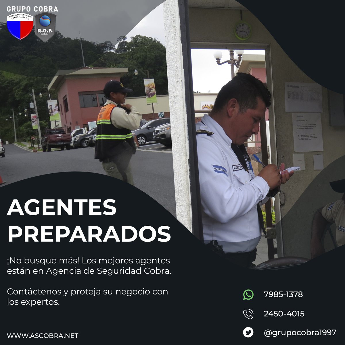 grupocobra1997's tweet photo. Más de 20 años respaldan nuestro trabajo y experiencia.
Solicite información a través de nuestros contactos o búsquenos en: Av. Las Palmeras Plaza Comercial El Arco, Local #15, Sonsonate.
#Seguridad #SeguridadPrivada https://t.co/8mQVWdNz7w