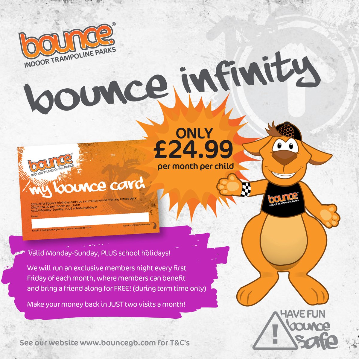 Bounce membership🧡

ONLY £24.99pp per month😍

Benefits:

- 20% off a birthday party
- Unlimited visits per month, 1 visit per day, no return within 24 hours
- 2 hours bounce per visit
- More value for money
- Access to Billy Beez - £4.99pp per visit (Ipswich ONLY)

#bounce