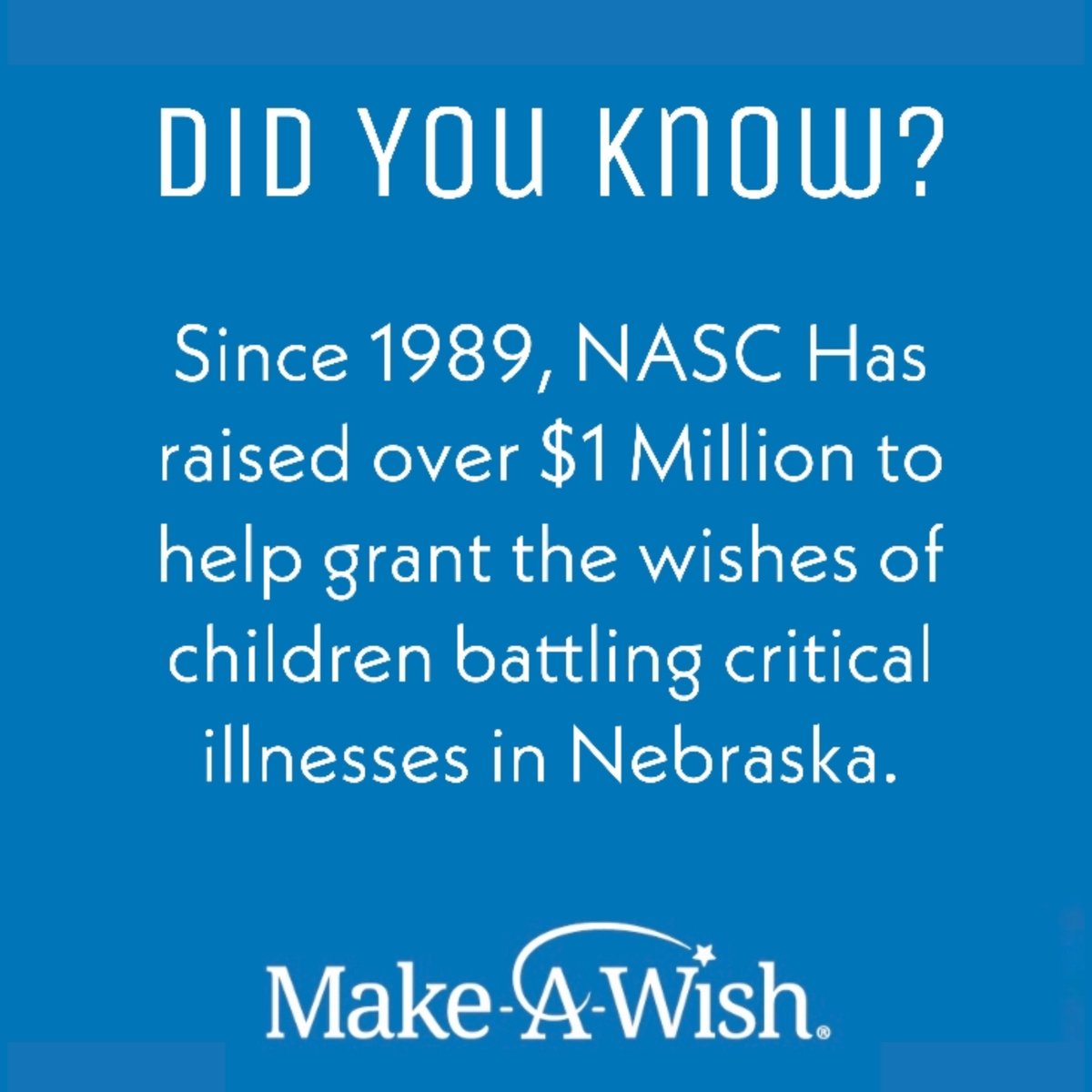 NASC is a proud partner of <a href="/MakeAWishNE/">Make-A-Wish Nebraska</a> sharing in Make-A-Wish’s vision of granting the wishes of every eligible child. Since 1989, NASC has raised over $1 million to help grant the wishes of children battling critical illnesses in Nebraska.