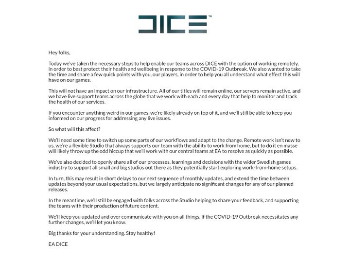 EA_DICE's tweet photo. Today we’ve taken the necessary steps to help enable our teams across DICE with the option of working remotely, in order to best protect their health and wellbeing in response to the COVID-19 Outbreak. https://t.co/V3UpXnxzrr
