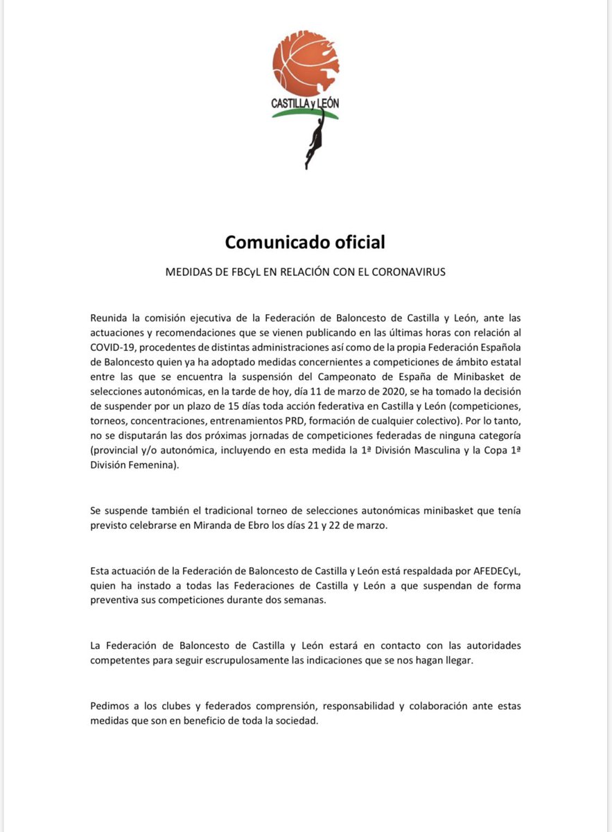 ⚠️IMPORTANTE⚠️. Comunicado Oficial de Federación de Baloncesto de Castilla y León. COVID-19.