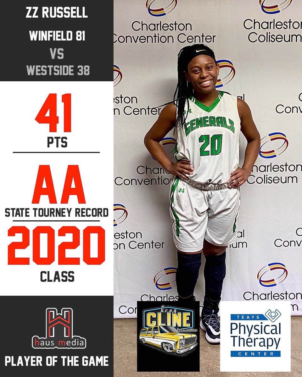 haus_media's tweet photo. Greg Cline Automotive, Inc. &amp; @teaysptcenter’s Player of the Game goes to ZZ Russell @zzrussell22 with 41 Pts (AA-State Tourney Record) vs Westside. Generals advance to Friday at 9:40am vs PikeView. #WVGirlsbb #hausmedia 🏀🏆 https://t.co/BOCdDuijIe
