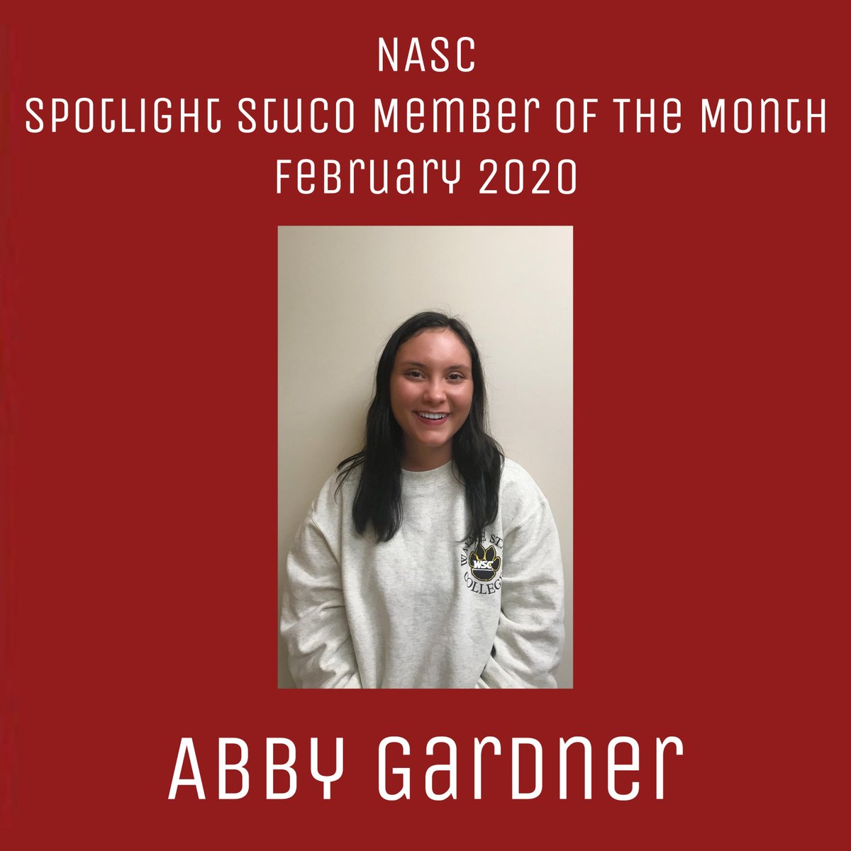 Abby Gardner has been selected to be the NASC Spotlight Student Council Member of the month! Abby is the president of CSHS. Abby is a leader who is empathetic, communicative, and motivated. She's lead many of her council's events. Way to go Abby!
