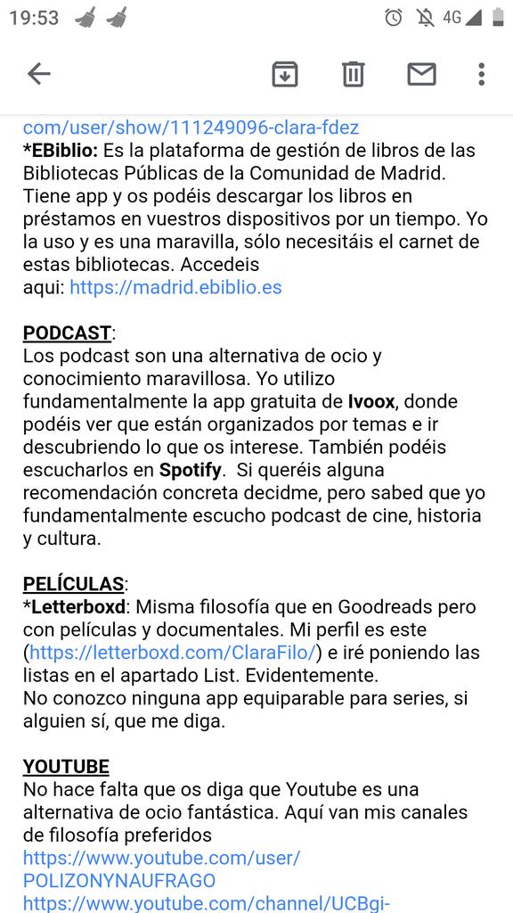 ClaraFilo's tweet photo. Por si alguien quiere o tiene propuestas para añadir, estas son las recomendaciones que he mandado de #ocio y #cultura en tiempos de confinamiento #coronavirus #filoprofa https://t.co/lFlqUV0Ce3