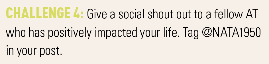 NATA1950's tweet image. Challenge #4 in the #NATM2020challenge is all about recognizing a fellow AT. #NATM2020 #HealthCareThroughAction nata.org/natm-action-ch…
