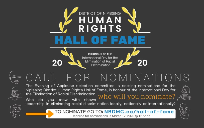 Who will you nominate? Nominations close Friday! GO TO: bit.ly/2HPuiBX #HumanRightsHallofFame #EveningofApplause #SoiréedesÉloges @NearNorthSchool <a href="/npsc_schools/">NPSCDSB</a> @CSCFrancoNord @CSPNE <a href="/CanadoreCollege/">Canadore College</a> <a href="/NipissingU/">Nipissing University</a> #NorthBay #NipissingDistrict #IDERD <a href="/UN/">United Nations</a>