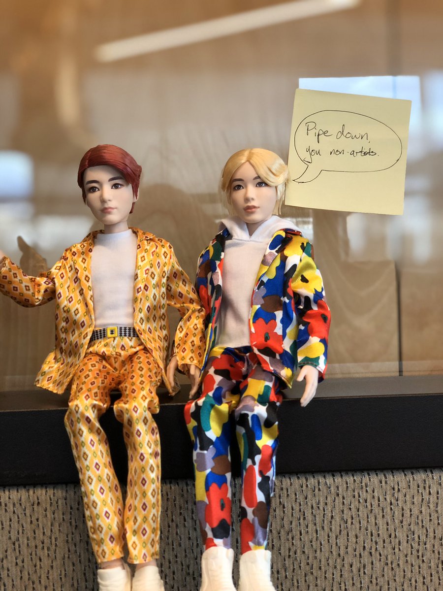 So my friend got me all 7 Mattel BTS dolls for my bday and I brought them to work and put Jin and Jungkook on John’s desk. Came into work today to see John’s addition 