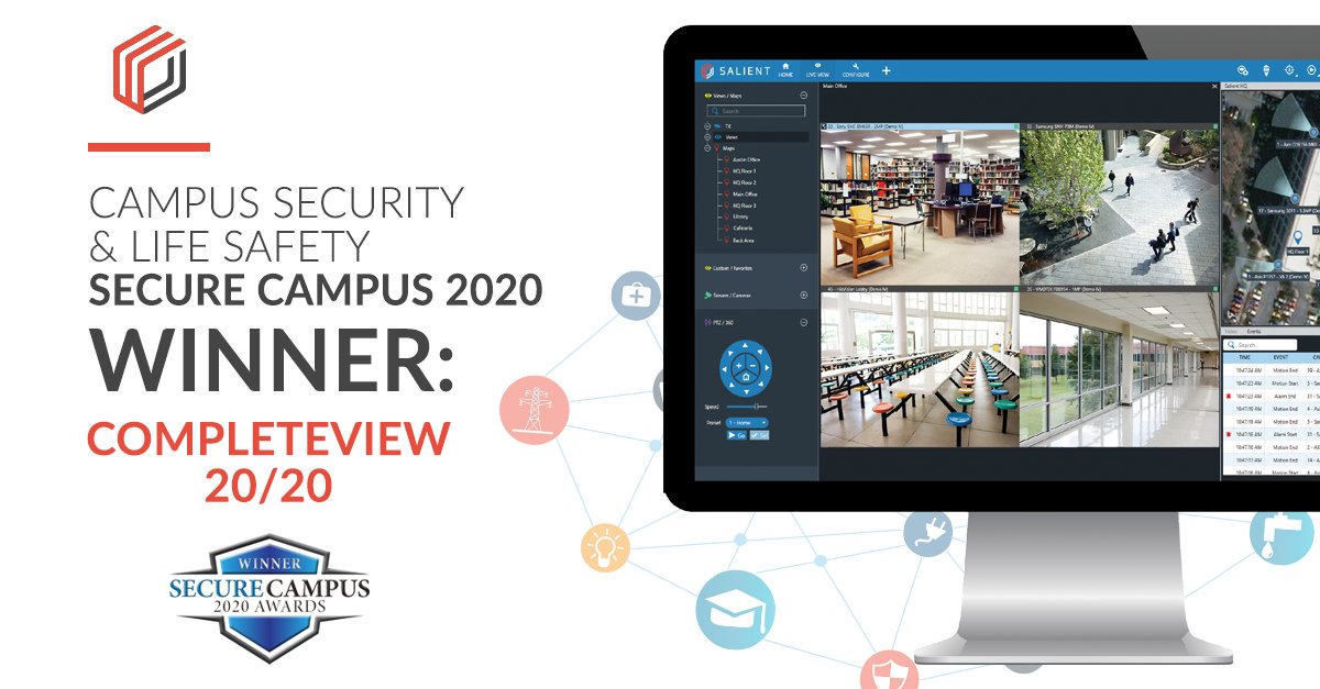 SalientSys's tweet image. Thank you to @CampusSecur for naming Salient&apos;s #CompleteView 20/20 5.1 one of their 2020 Secure Campus Awards Winners. Salient takes pride in keeping educators, employees and students safe on #campus! Get a demo of our award winning #software here: bit.ly/3aL3L53