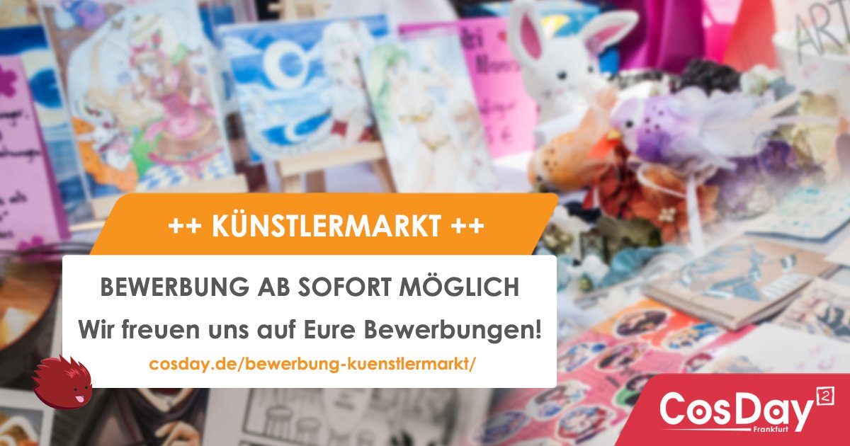 CosDay's tweet photo. 📣 Künstlermarkt auf dem CosDay² 2020
Wir freuen uns, Euch mitteilen zu können, dass die Anmeldephase für den 🎨 Künstlermarkt gestartet ist!
➡ Zur Bewerbung: https://t.co/Dov5qkeNuK
#cosday2020 #cosnight #cosday #nwz #cosplay #convention #frankfurt #kuenstlermarkt #juli https://t.co/ART1paV6HG