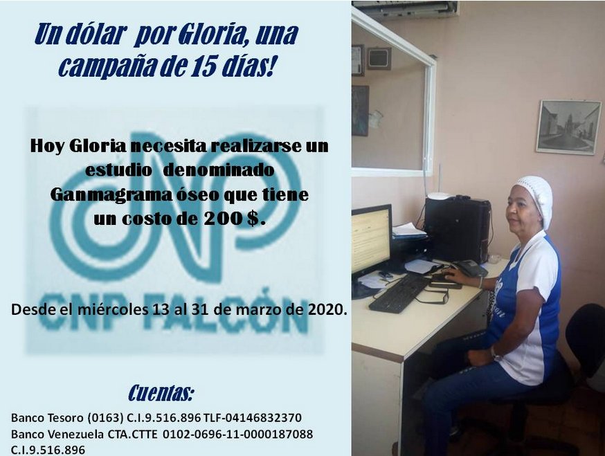 #Coro | AYUDA SOCIAL | Para la colega Gloria, que requiere con urgencia practicarse un estudio ganmagrama óseo, se requiere de la ayuda de personas de buen corazón. Cualquier aporte cuenta. Dios recompensará.
➡️ <a href="/Gerardo_Moron/">Gerardo Morón Sánchez 🛡</a> ⬅️